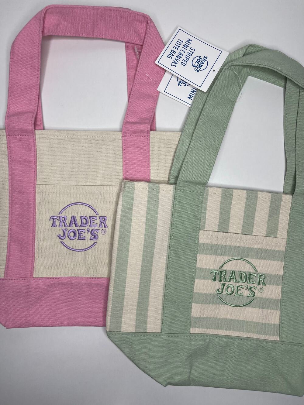 Set of 2 — Trader Joe’s Canvas MINI Tote Bags — PASTEL PINK + GREEN STRIPES NWT!